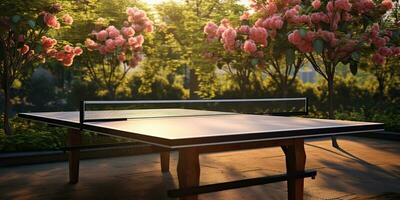 AI Generated. AI Generative. Outdoor nature table tennis ping pong game sport at sunet. Graphic Art photo