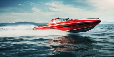 AI Generated. AI Generative. Fast speed boat ship yacht in the open sea ocean cruise vacation. Graphic Art photo