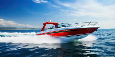 AI Generated. AI Generative. Fast speed boat ship yacht in the open sea ocean cruise vacation. Graphic Art photo