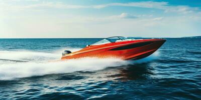 AI Generated. AI Generative. Fast speed boat ship yacht in the open sea ocean cruise vacation. Graphic Art photo