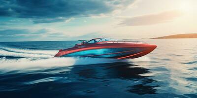 AI Generated. AI Generative. Fast speed boat ship yacht in the open sea ocean cruise vacation. Graphic Art photo