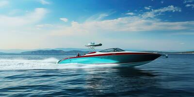 AI Generated. AI Generative. Fast speed boat ship yacht in the open sea ocean cruise vacation. Graphic Art photo