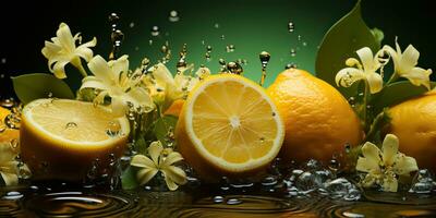 AI Generated. AI Generative. Nature outdoor flowers with lemon citrus and water. Healthy decoration background. Graphic Art photo