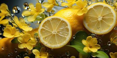 AI Generated. AI Generative. Nature outdoor flowers with lemon citrus and water. Healthy decoration background. Graphic Art photo