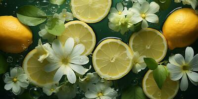 ai generado. ai generativo. naturaleza al aire libre flores con limón agrios y agua. sano decoración antecedentes. gráfico Arte foto