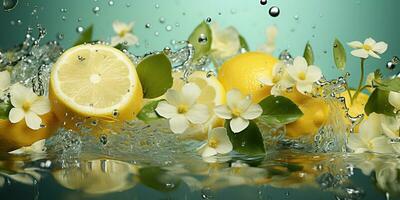 AI Generated. AI Generative. Nature outdoor flowers with lemon citrus and water. Healthy decoration background. Graphic Art photo