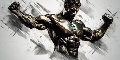 AI Generated. AI Generative. Ink drwaing design graffiti art of strong power athlete bodubuilder shape. Sport gym workout motivation. Graphic Art photo