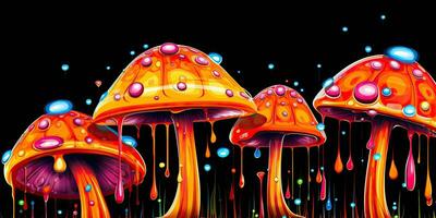 AI Generated. AI Generative. Neon light bright draw paint ink art mushroom in psychedelic style.  Graphic Art photo