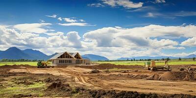 ai generado. ai generativo. al aire libre naturaleza casa madera moderno construcción en campo prado paisaje antecedentes. gráfico Arte foto