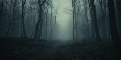 ai generado. ai generativo. niebla magia niebla noche oscuro bosque árbol selva paisaje antecedentes. de miedo naturaleza al aire libre aventuras explorar viaje ambiente estilo. gráfico Arte foto