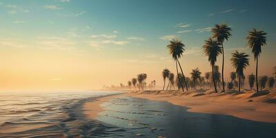 AI Generated. AI Generative. Adventure vacation landscape view of paradise island sand coast with palms on sunset. Vacation relaxing background vibe. Graphic Art photo