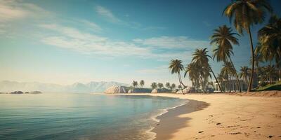 AI Generated. AI Generative. Adventure vacation landscape view of paradise island sand coast with palms on sunset. Vacation relaxing background vibe. Graphic Art photo