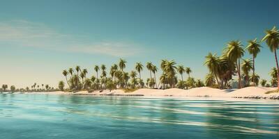 AI Generated. AI Generative. Adventure vacation landscape view of paradise island sand coast with palms on sunset. Vacation relaxing background vibe. Graphic Art photo