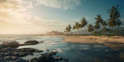 AI Generated. AI Generative. Adventure vacation landscape view of paradise island sand coast with palms on sunset. Vacation relaxing background vibe. Graphic Art photo