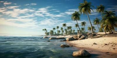 AI Generated. AI Generative. Adventure vacation landscape view of paradise island sand coast with palms on sunset. Vacation relaxing background vibe. Graphic Art photo