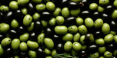 AI Generated. AI Generative. Black and green olives healthy organic vegetables mix decoration pattern background. Graphic Art photo