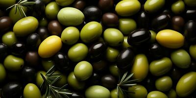 AI Generated. AI Generative. Black and green olives healthy organic vegetables mix decoration pattern background. Graphic Art photo