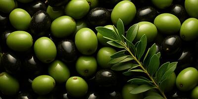 AI Generated. AI Generative. Black and green olives healthy organic vegetables mix decoration pattern background. Graphic Art photo