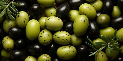 AI Generated. AI Generative. Black and green olives healthy organic vegetables mix decoration pattern background. Graphic Art photo