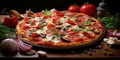 ai generado. ai generativo. tradicional italiano pepperoni Pizza alimento. famoso sabroso rápido comida comida horneado Fresco cocina. gráfico Arte foto