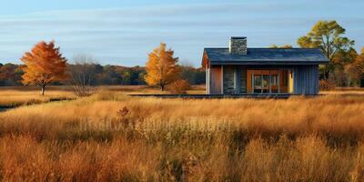 ai generado. ai generativo. naturaleza al aire libre solitario mínimo de madera casa en amarillo otoño agricultura campo. aventuras vacaciones campo antecedentes relajante onda. gráfico Arte foto