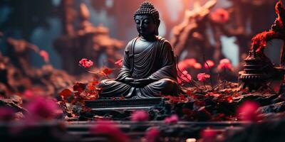 ai generado. ai generativo. cultura historia asiático indio religión Buda estatua figura con naturaleza rosado plantas antecedentes. calma relajarse amor paz interior onda. gráfico Arte foto