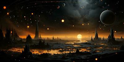 AI Generated. AI Generative. Galaxy space universe solar system background abstract planets landscape surface. Future explore adventure vibes. Graphic Art photo