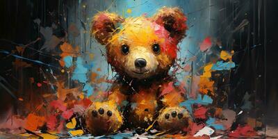 AI Generated. AI Generative. Cute little cartoon bear kid. Drawing painting watercolor oil brush graffiti ink bright colors background. Graphic Art photo