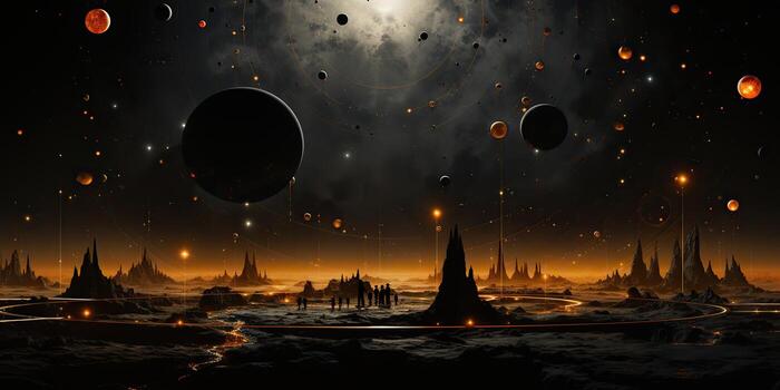 AI Generated. AI Generative. Galaxy space universe solar system background abstract planets landscape surface. Future explore adventure vibes. Graphic Art photo