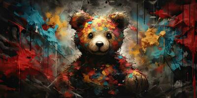 AI Generated. AI Generative. Cute little cartoon bear kid. Drawing painting watercolor oil brush graffiti ink bright colors background. Graphic Art photo