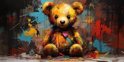 AI Generated. AI Generative. Cute little cartoon bear kid. Drawing painting watercolor oil brush graffiti ink bright colors background. Graphic Art photo