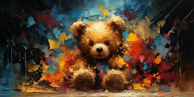 AI Generated. AI Generative. Cute little cartoon bear kid. Drawing painting watercolor oil brush graffiti ink bright colors background. Graphic Art photo