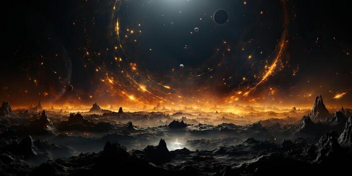 AI Generated. AI Generative. Galaxy space universe solar system background abstract planets landscape surface. Future explore adventure vibes. Graphic Art photo