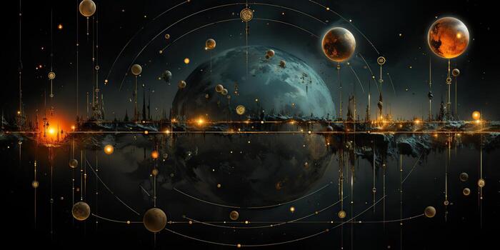 AI Generated. AI Generative. Galaxy space universe solar system background abstract planets landscape surface. Future explore adventure vibes. Graphic Art photo