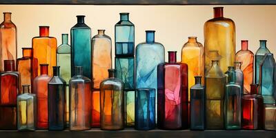 AI Generated. AI Generative. Abstract geometric glass crystal bottles containers. Drawing painting oil water color graphic art decoration background. Graphic Art photo