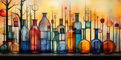 AI Generated. AI Generative. Abstract geometric glass crystal bottles containers. Drawing painting oil water color graphic art decoration background. Graphic Art photo