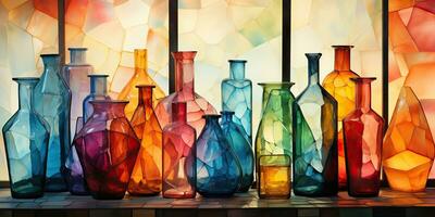 AI Generated. AI Generative. Abstract geometric glass crystal bottles containers. Drawing painting oil water color graphic art decoration background. Graphic Art photo