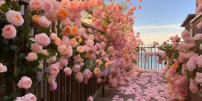 ai generado. ai generativo. hermosa florecer floreciente naturaleza planta floral rosas. al aire libre Boda amor romántico antecedentes decoración. gráfico Arte foto