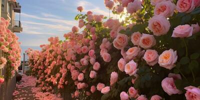 ai generado. ai generativo. hermosa florecer floreciente naturaleza planta floral rosas. al aire libre Boda amor romántico antecedentes decoración. gráfico Arte foto