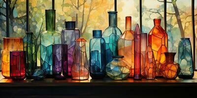 ai generado. ai generativo. resumen geométrico vaso cristal botellas contenedores dibujo pintura petróleo agua color gráfico Arte decoración antecedentes. gráfico Arte foto