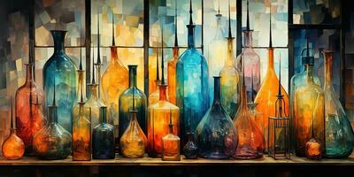 AI Generated. AI Generative. Abstract geometric glass crystal bottles containers. Drawing painting oil water color graphic art decoration background. Graphic Art photo