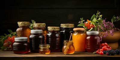 AI Generated. AI Generative. Honey gar bottles containes on kitchen. Sweet dessert organic sugar food on kitchen mock up decoration background. Graphic Art photo