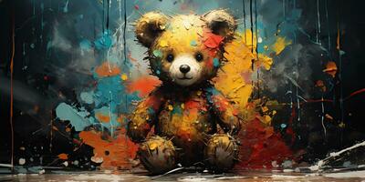 AI Generated. AI Generative. Cute little cartoon bear kid. Drawing painting watercolor oil brush graffiti ink bright colors background. Graphic Art photo