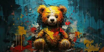 AI Generated. AI Generative. Cute little cartoon bear kid. Drawing painting watercolor oil brush graffiti ink bright colors background. Graphic Art photo