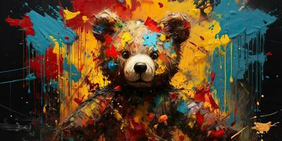 AI Generated. AI Generative. Cute little cartoon bear kid. Drawing painting watercolor oil brush graffiti ink bright colors background. Graphic Art photo