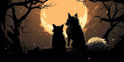 AI Generated. AI Generative. Two lovely romantic cute foxes looking at moon. Nature forest wedding kids time. Graphic Art photo