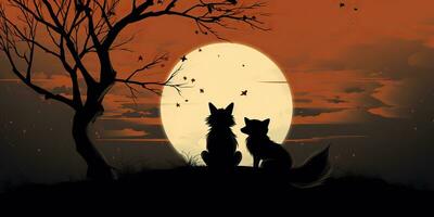 AI Generated. AI Generative. Two lovely romantic cute foxes looking at moon. Nature forest wedding kids time. Graphic Art photo