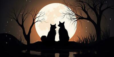 AI Generated. AI Generative. Two lovely romantic cute foxes looking at moon. Nature forest wedding kids time. Graphic Art photo