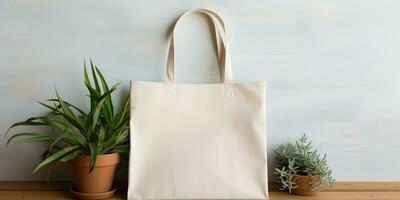 AI Generated. AI Generative. White tote bag mockup with plant background. Eco carry shopping container. Graphic Art photo