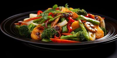 AI Generated. AI Generative. Stir fried fresh vegetables. Healthy diet meal food on plate. Dinner time. Graphic Art photo